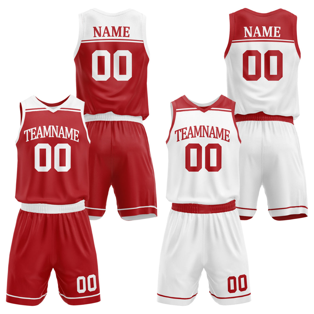 Custom travel basketball uniforms red white by Vosoli. Personalized team name, player name, number &amp; logo. Breathable mesh. Fast delivery.