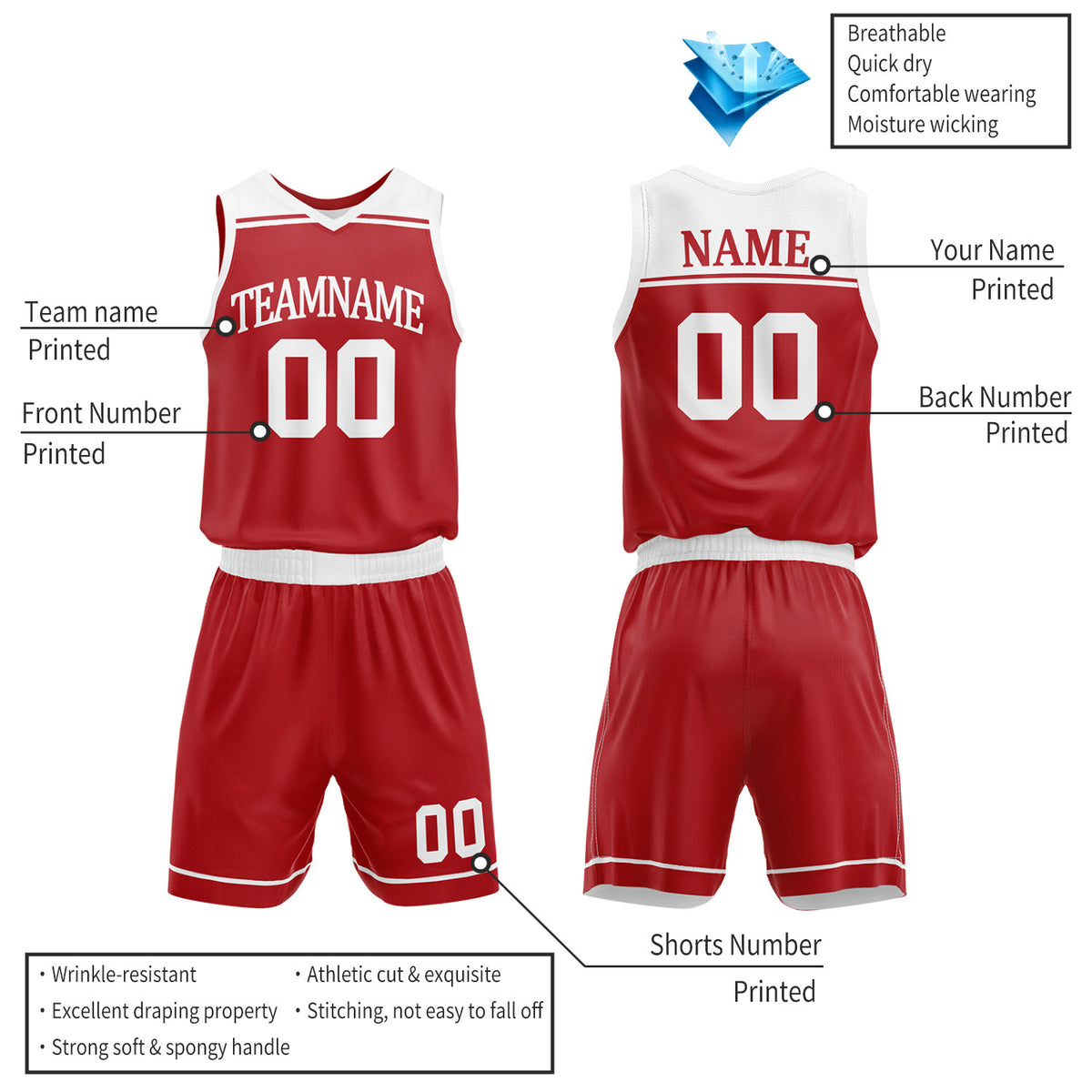 Custom Red & White Double Sided Basketball Jersey Set | Wholesale Team Uniform