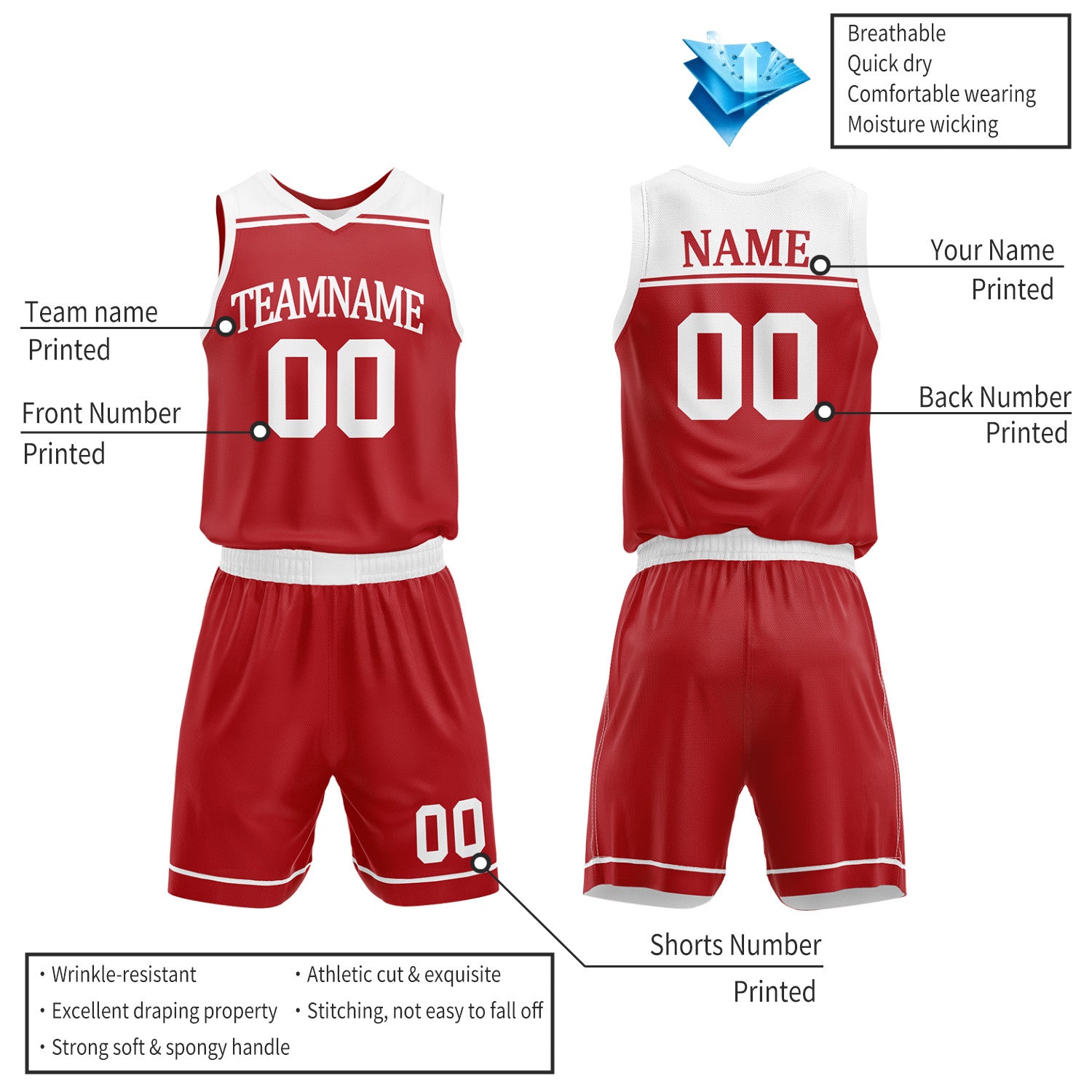 Custom Red & White Double Sided Basketball Jersey Set | Wholesale Team Uniform