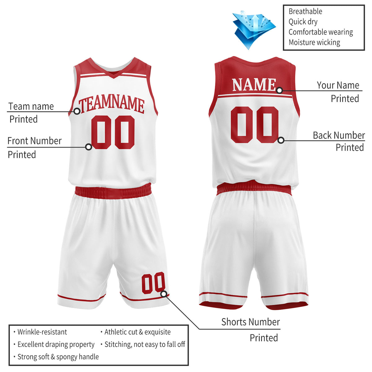 Custom Red & White Double Sided Basketball Jersey Set | Wholesale Team Uniform