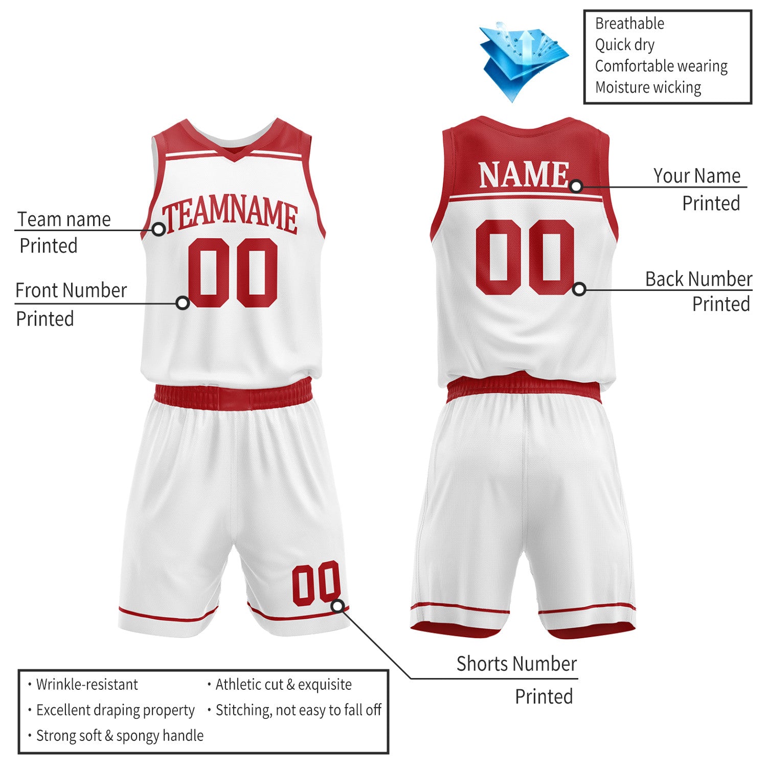 Custom Red & White Double Sided Basketball Jersey Set | Wholesale Team Uniform