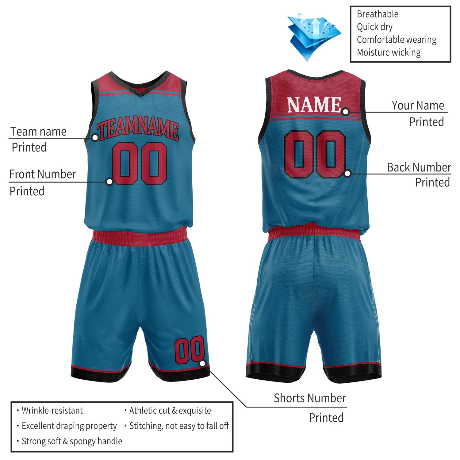Custom Teal & Maroon Double Sided Basketball Jersey Set | Wholesale Team Uniform
