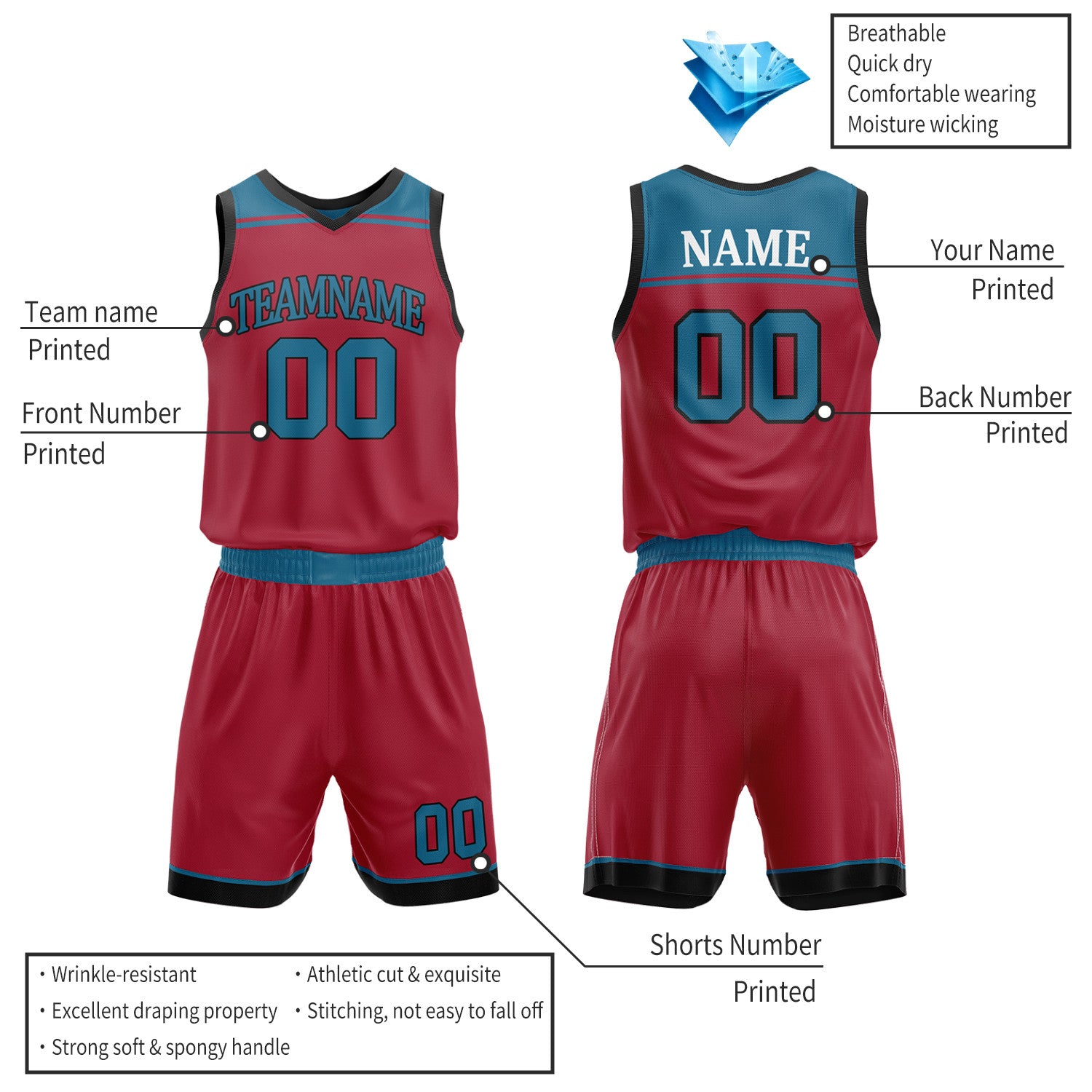 Custom Teal & Maroon Double Sided Basketball Jersey Set | Wholesale Team Uniform