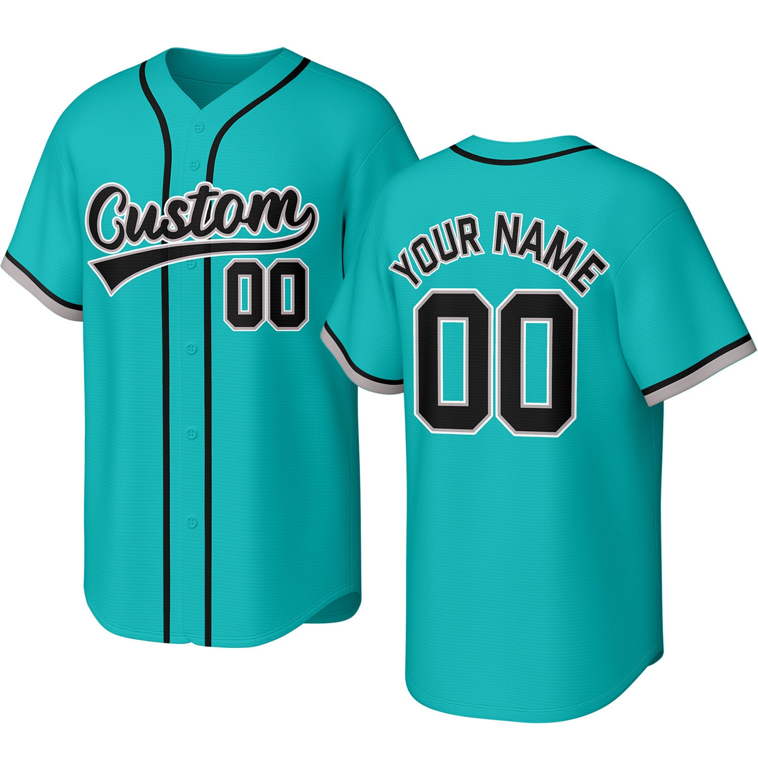Custom turquoise, black & gray baseball jersey with stitched logo, personalized name & number, button-front short-sleeve sports uniform for team men women youth game practice - Vosoli