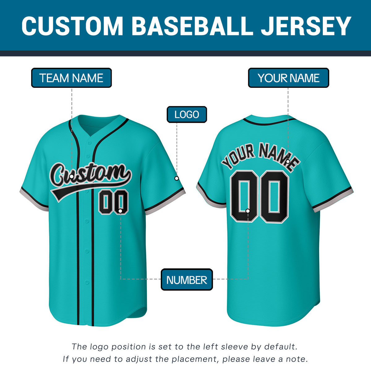 Custom Stitched Baseball Jersey Turquoise Black Gray | Personalized Name & Number | Team Uniform