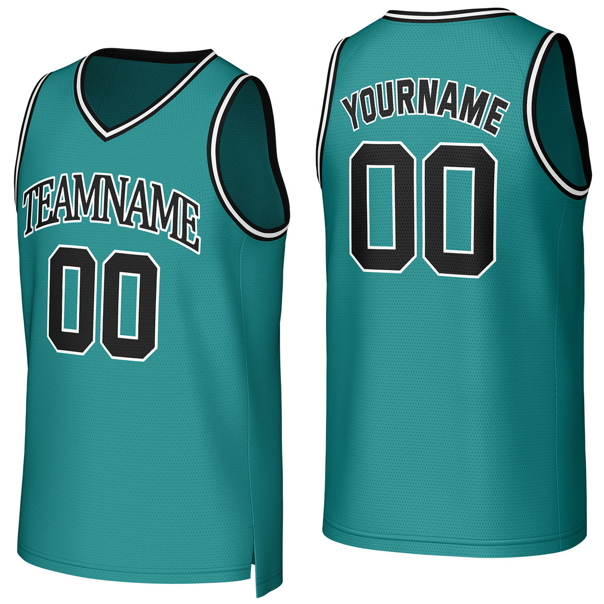 Custom turquoise-black V-neck mesh basketball jersey by Vosoli | Personalized name &amp; number team uniform for youth &amp; adults