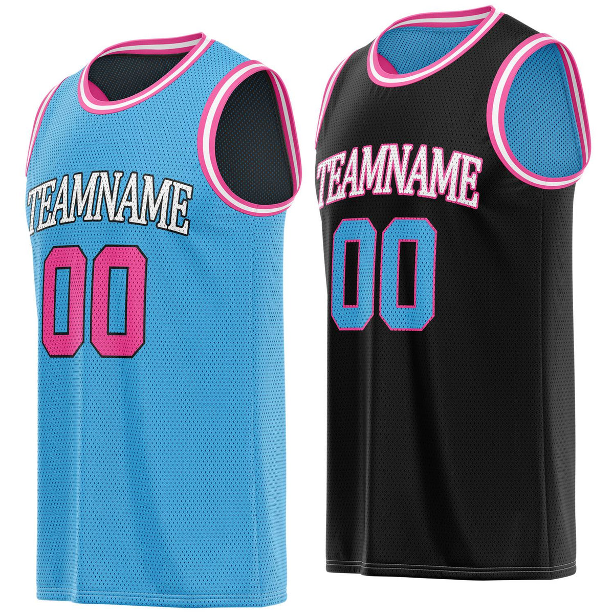 Custom light blue &amp; black reversible basketball jersey, personalized team name number breathable mesh sports top with pink trim for men women youth game practice - Vosoli