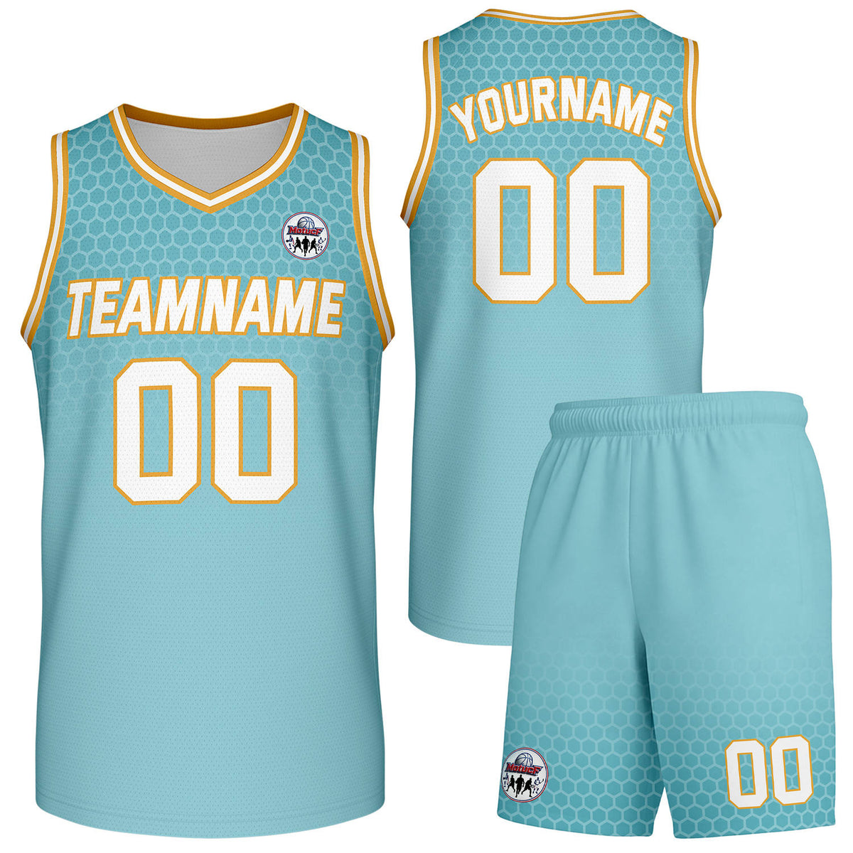 Custom turquoise honeycomb-pattern basketball uniform set, personalized team name number logo breathable mesh jersey and shorts men women youth game practice - Vosoli