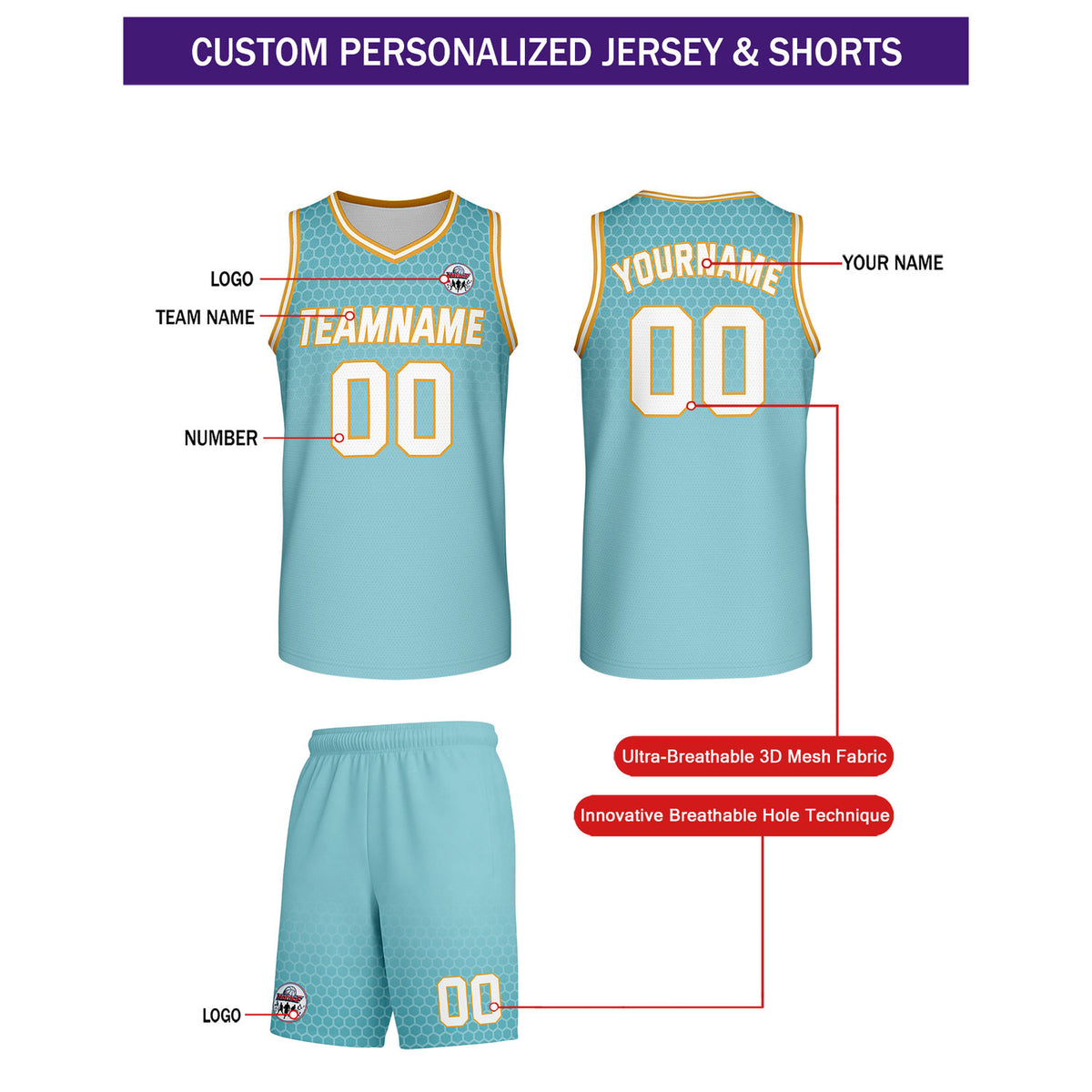 Custom Turquoise & Gold Honeycomb Basketball Uniform Set | Personalized Team Name & Number - Vosoli