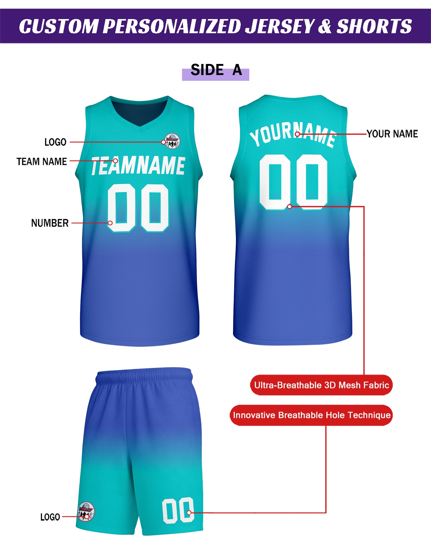 Custom turquoise-to-navy blue gradient basketball uniform set, personalized team name number logo breathable mesh sports jersey and shorts for men women youth game practice - Vosoli
