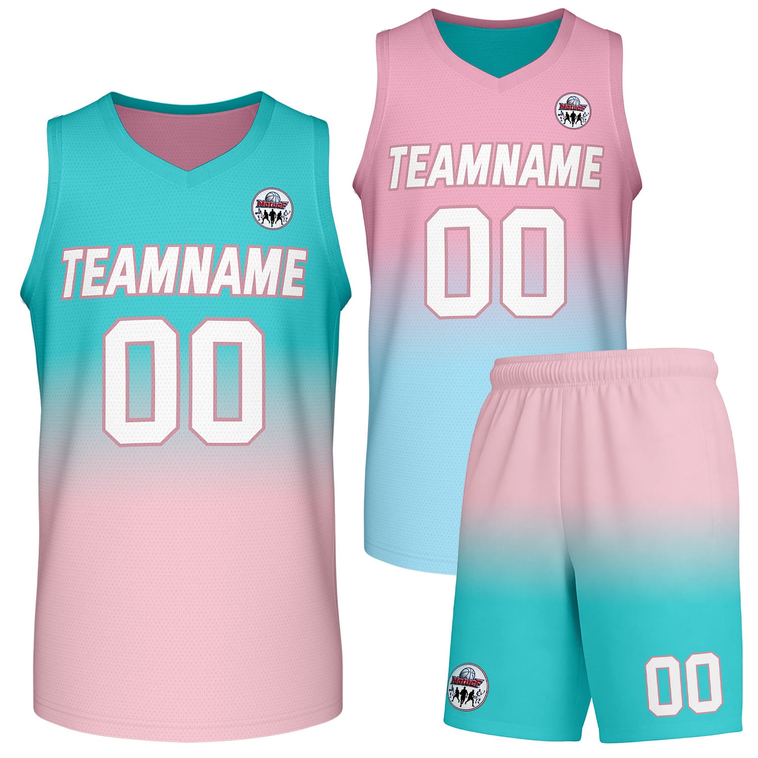 Custom turquoisel-to-pink gradient basketball uniform set, personalized team name number logo breathable mesh sports jersey and shorts for men women youth game practice - Vosoli