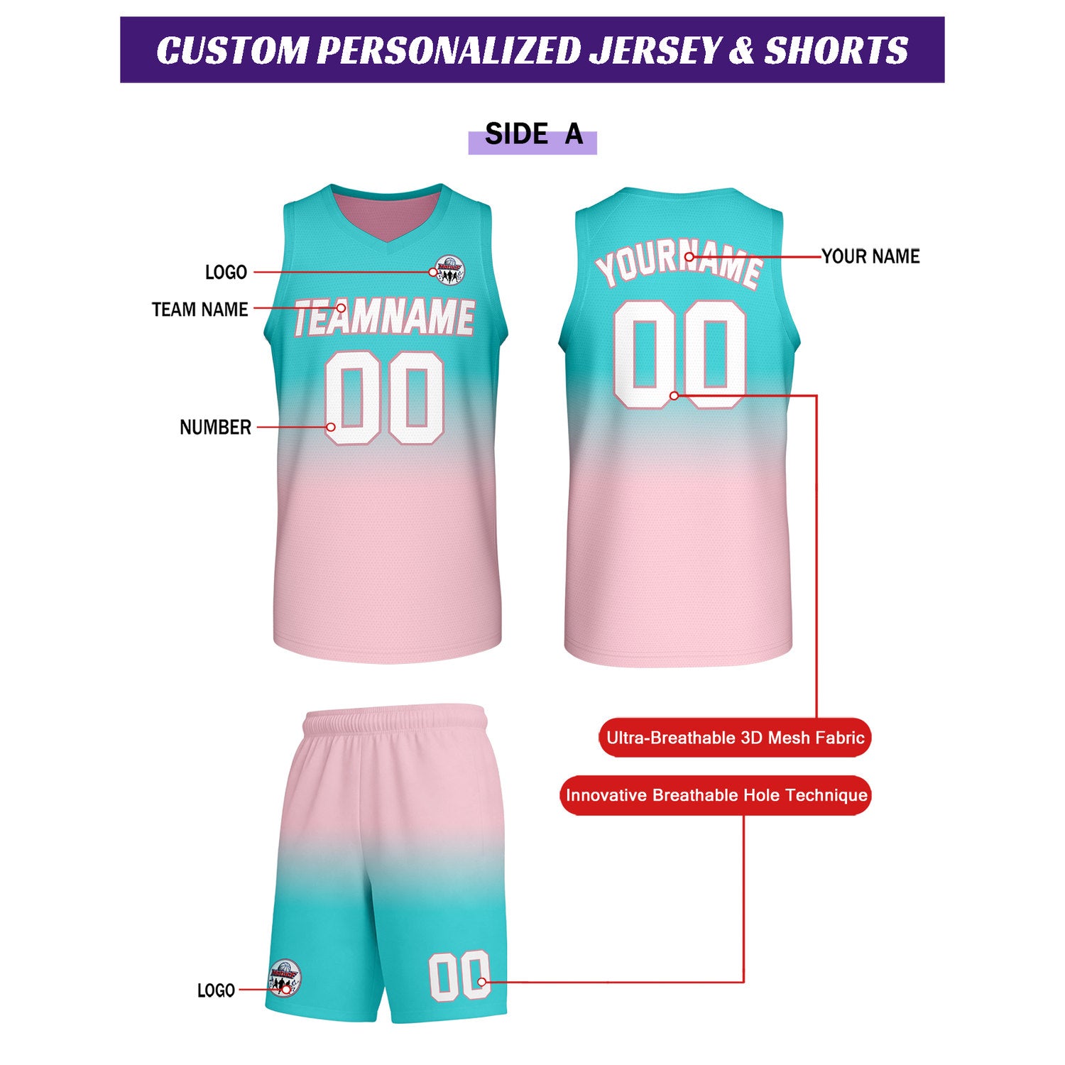 Custom turquoisel-to-pink gradient basketball uniform set, personalized team name number logo breathable mesh sports jersey and shorts for men women youth game practice - Vosoli