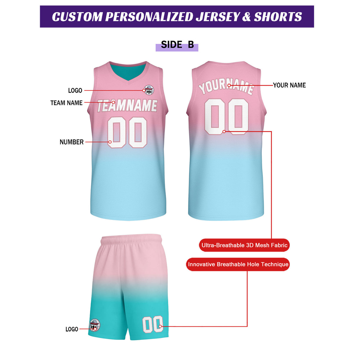 Custom Turquoise-Pink Gradient Basketball Uniform Set | Personalized Team Name & Number - Vosoli