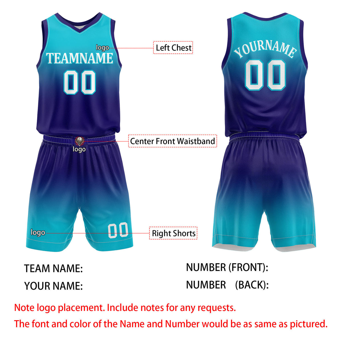 Custom Turquoise & Purple Gradient Basketball Jersey + Shorts Set - Personalized Team Name, Number | Vosoli