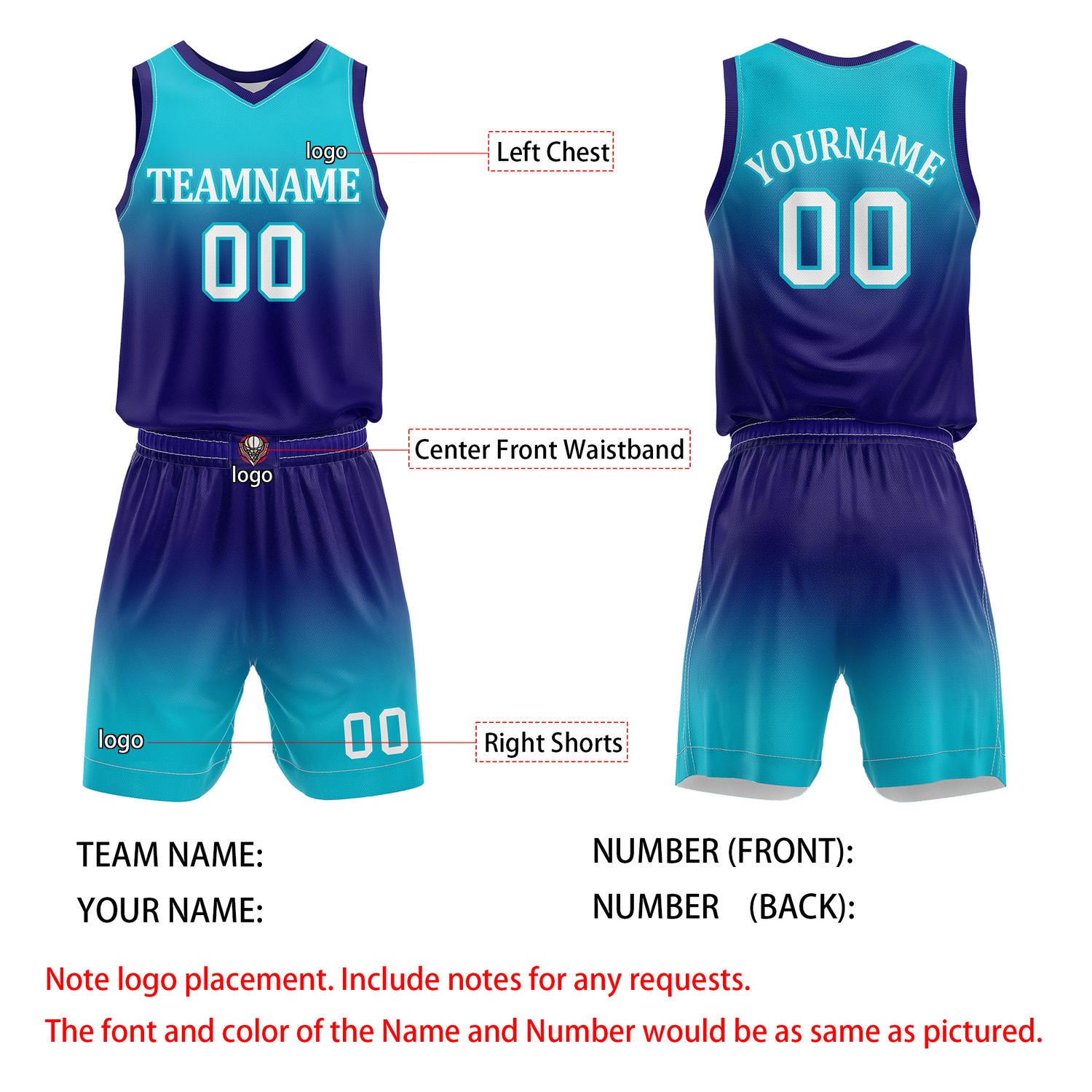 Custom Turquoise & Purple Gradient Basketball Jersey + Shorts Set - Personalized Team Name, Number | Vosoli