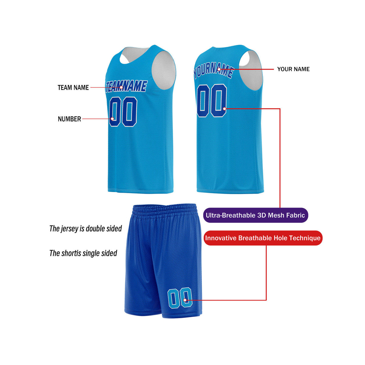 Custom Turquoise & Royal Blue Basketball Jersey + Shorts Set - Personalized Team Name, Number | Vosoli