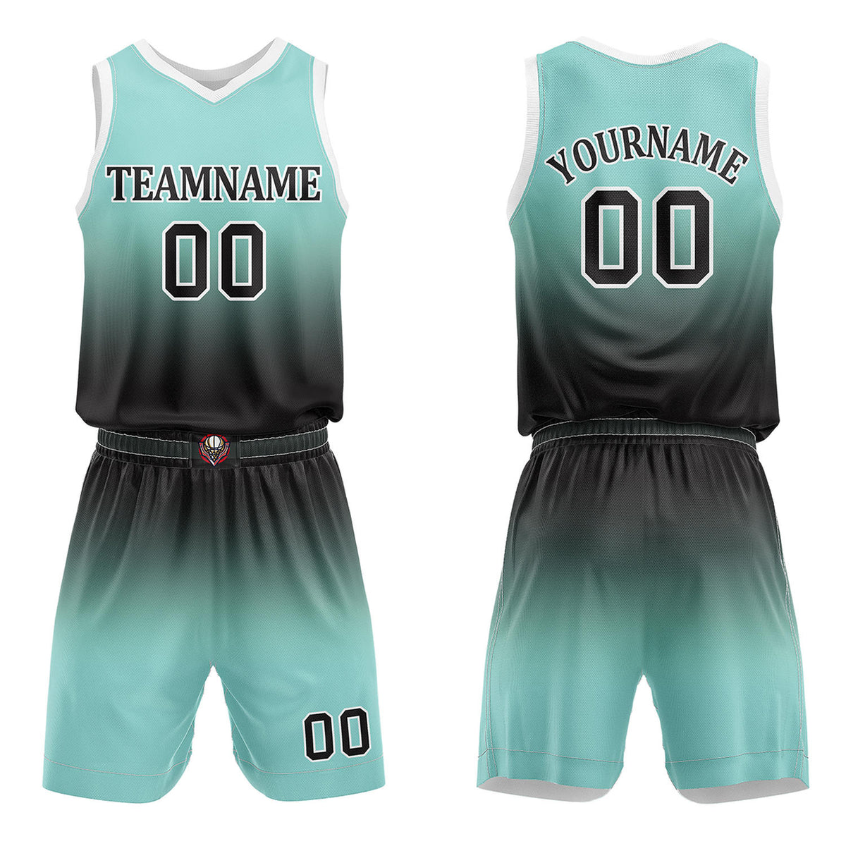 Custom Turquoise &amp; Black Gradient Basketball Jersey + Shorts Set - Personalized Team Name, Number &amp; LOGO | Vosoli