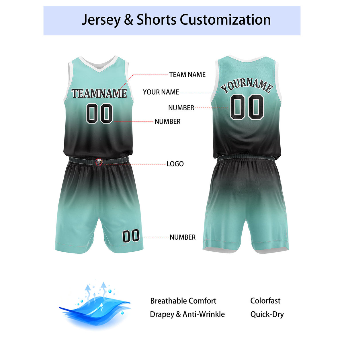 Custom Turquoise & Black Gradient Basketball Jersey + Shorts Set - Personalized Team Name, Number & LOGO | Vosoli