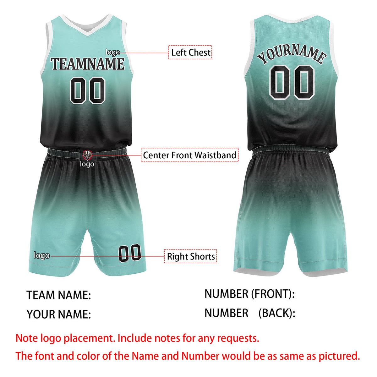 Custom Turquoise & Black Gradient Basketball Jersey + Shorts Set - Personalized Team Name, Number & LOGO | Vosoli