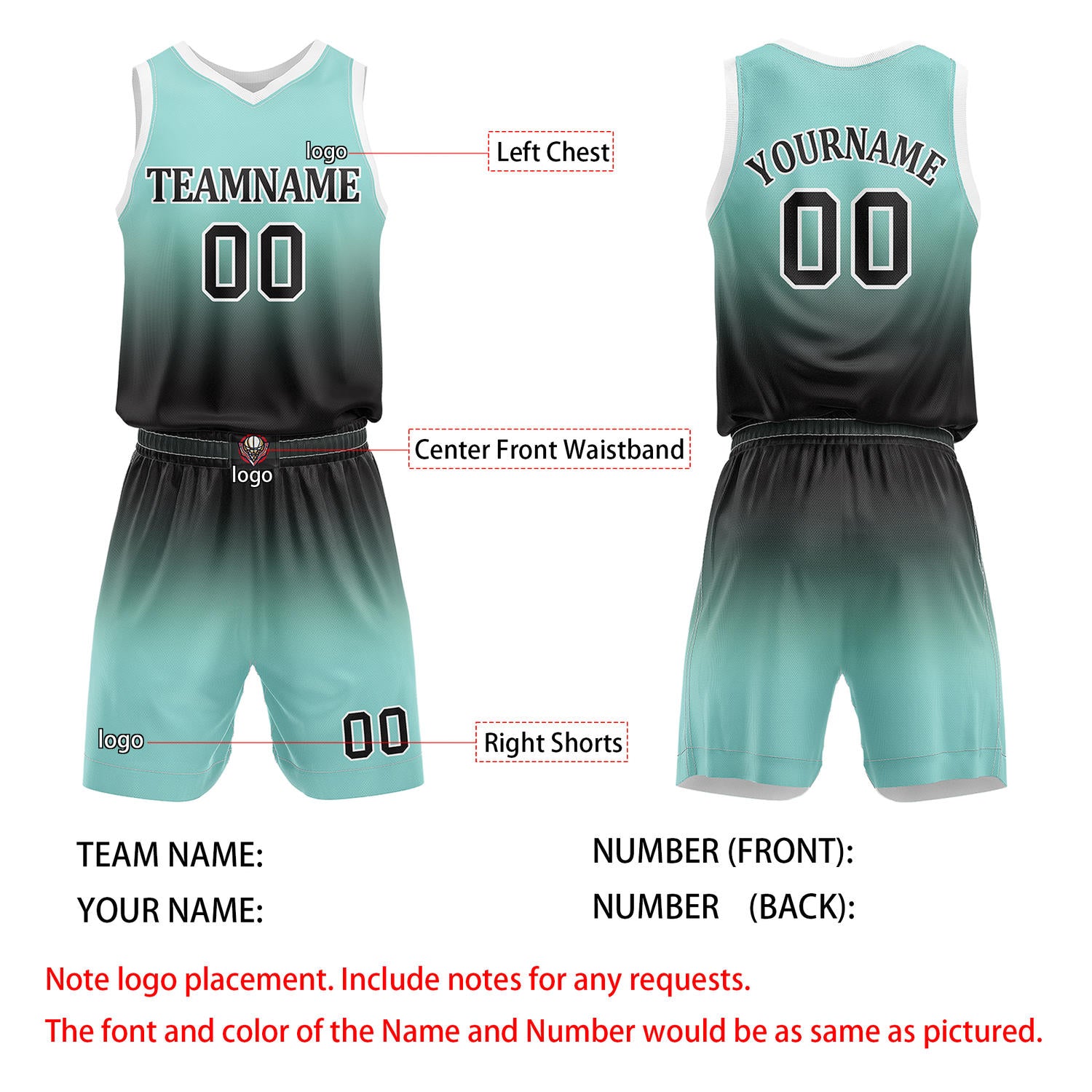 Custom Turquoise & Black Gradient Basketball Jersey + Shorts Set - Personalized Team Name, Number & LOGO | Vosoli