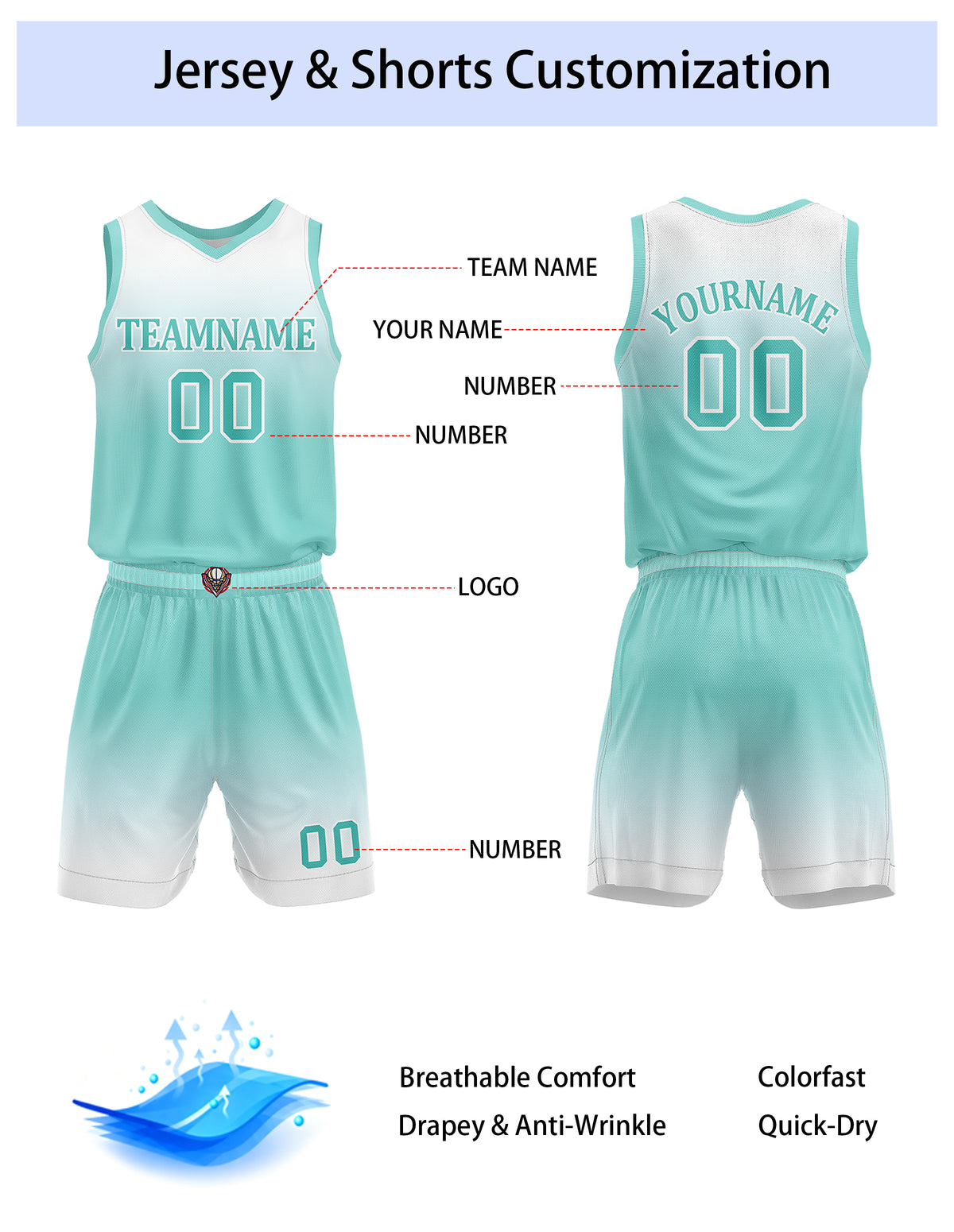 Custom Turquoise & White Gradient Basketball Jersey + Shorts Set - Personalized Team Name, Number | Vosoli