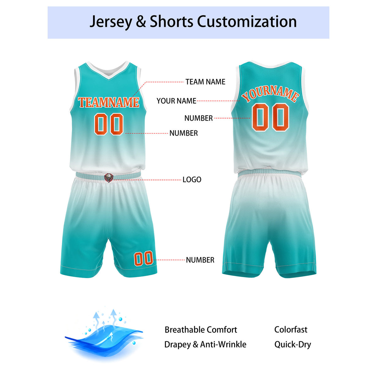 Custom Turquoise & White Gradient Basketball Jersey + Shorts Set - Personalized Team Name, Number & LOGO | Vosoli