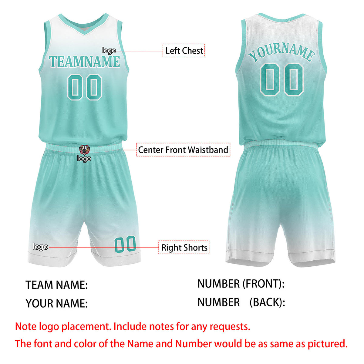 Custom Turquoise & White Gradient Basketball Jersey + Shorts Set - Personalized Team Name, Number | Vosoli