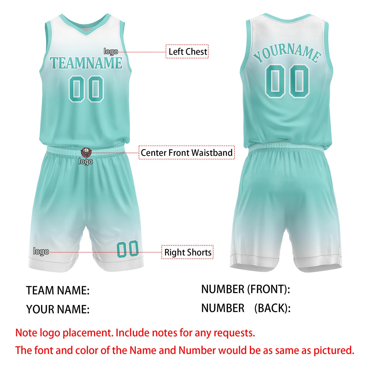 Custom Turquoise & White Gradient Basketball Jersey + Shorts Set - Personalized Team Name, Number | Vosoli