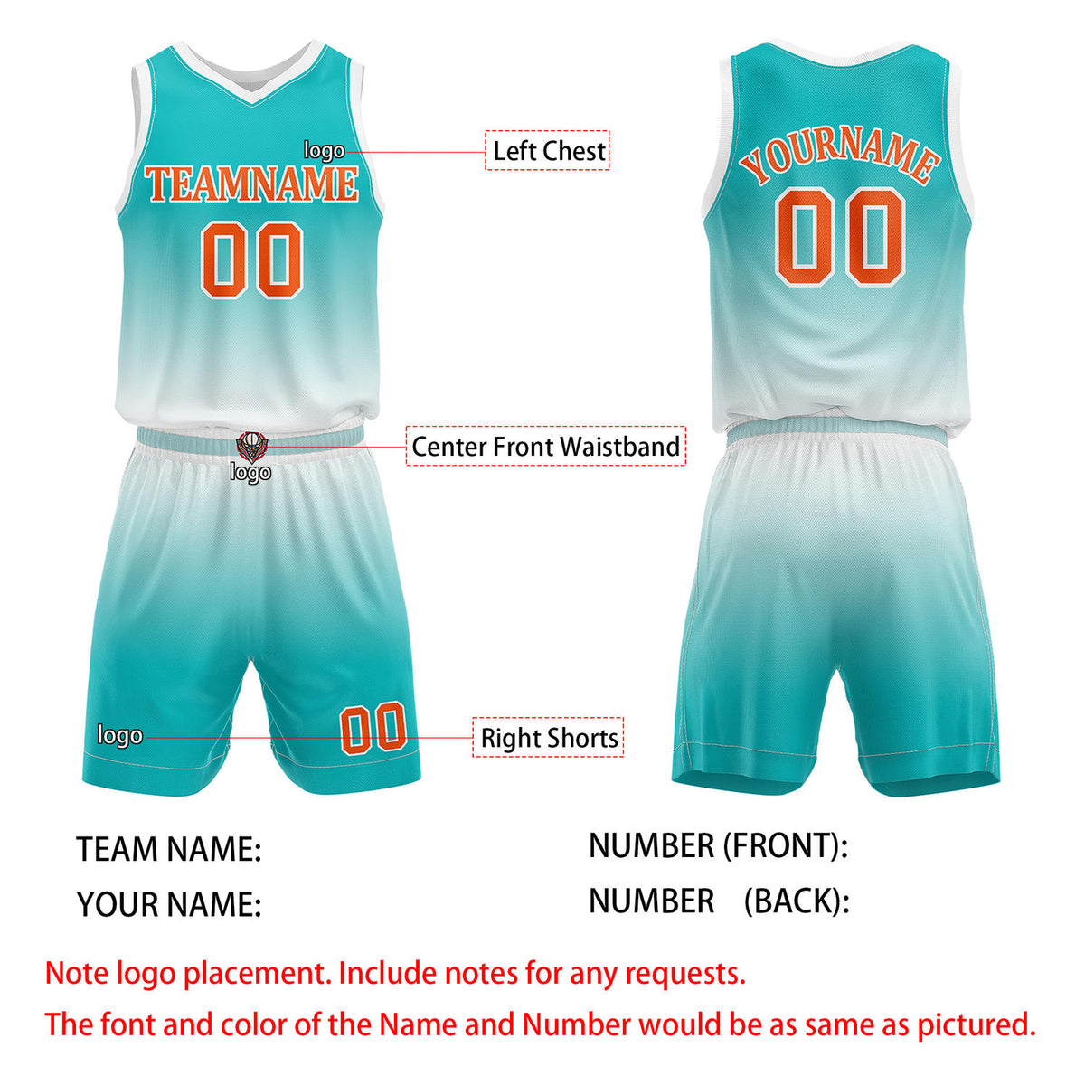Custom Turquoise & White Gradient Basketball Jersey + Shorts Set - Personalized Team Name, Number & LOGO | Vosoli
