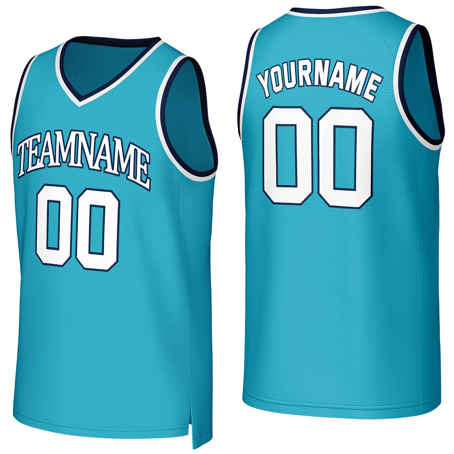 Custom turquoise-white V-neck mesh basketball jersey by Vosoli | Personalized name & number team uniform for youth & adults