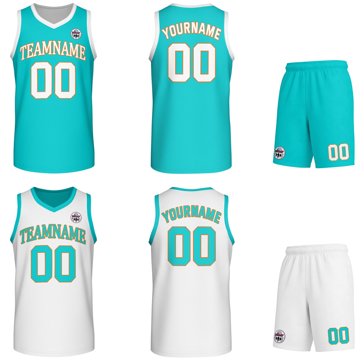 Custom turquoise & white Reversible basketball uniform set, personalized team name number logo breathable mesh jersey and shorts men women youth game practice - Vosoli