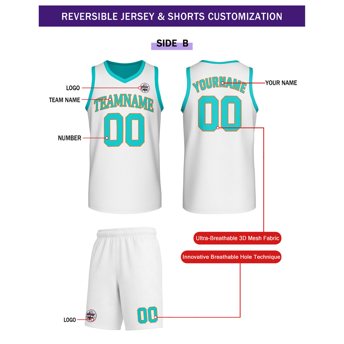 Custom Turquoise & White Reversible Basketball Uniform Set | Personalized Team Name & Number - Vosoli