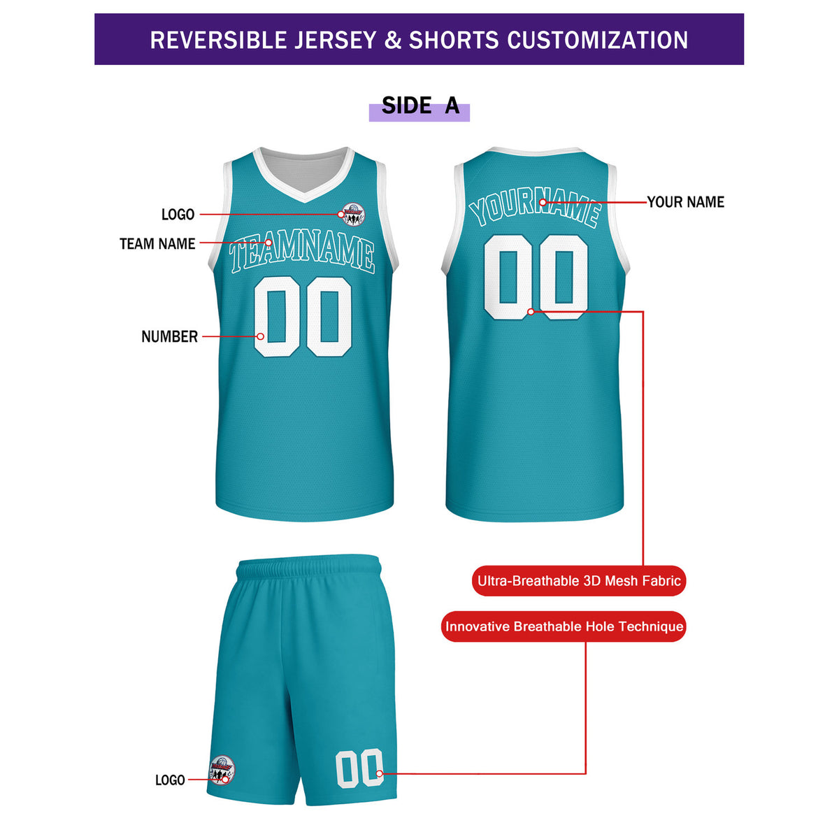 Custom Turquoise & White Reversible Basketball Uniform Set | Personalized Team Name & Number - Vosoli