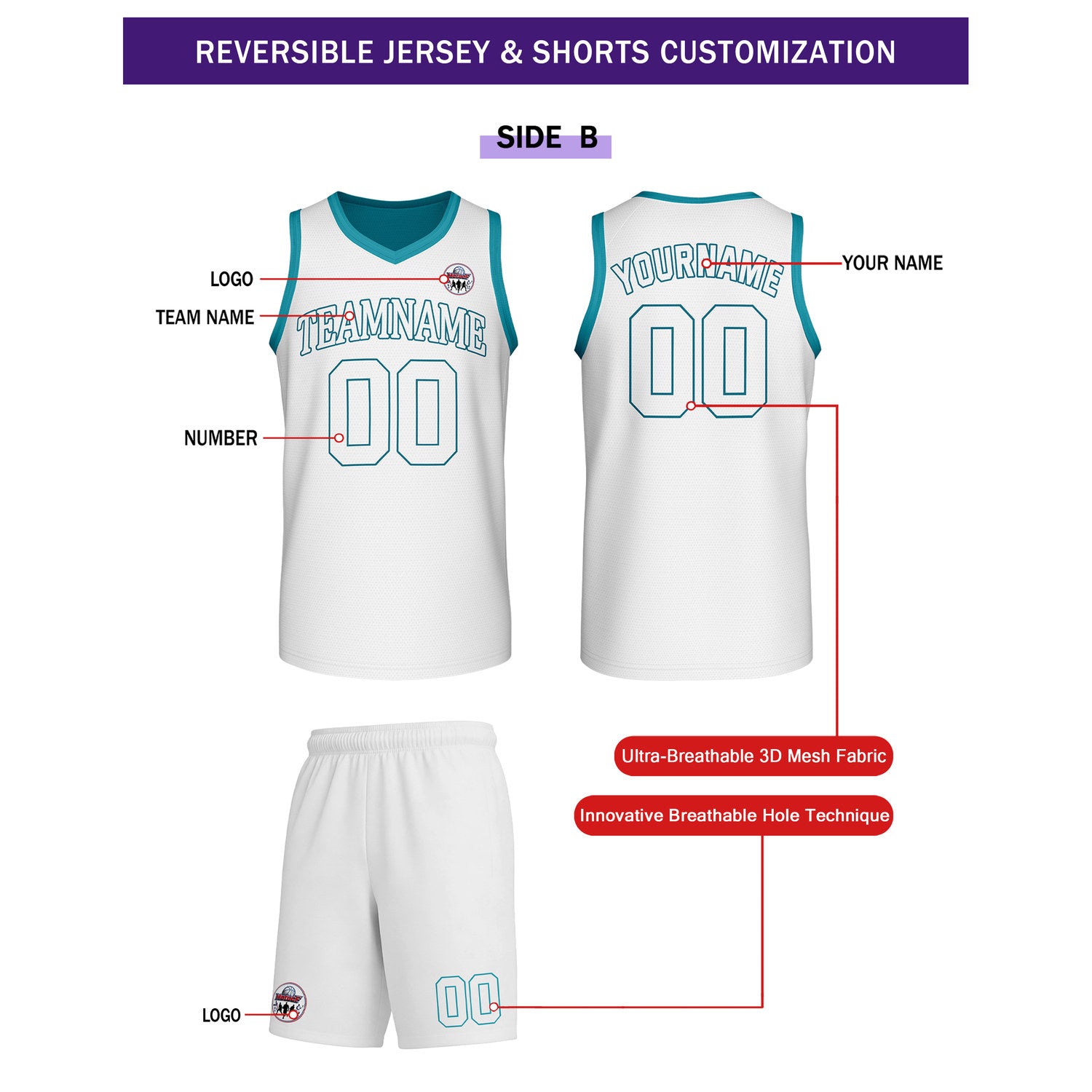Custom Turquoise & White Reversible Basketball Uniform Set | Personalized Team Name & Number - Vosoli