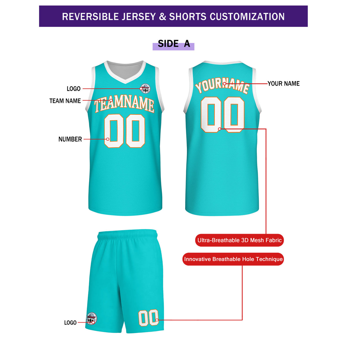 Custom Turquoise & White Reversible Basketball Uniform Set | Personalized Team Name & Number - Vosoli