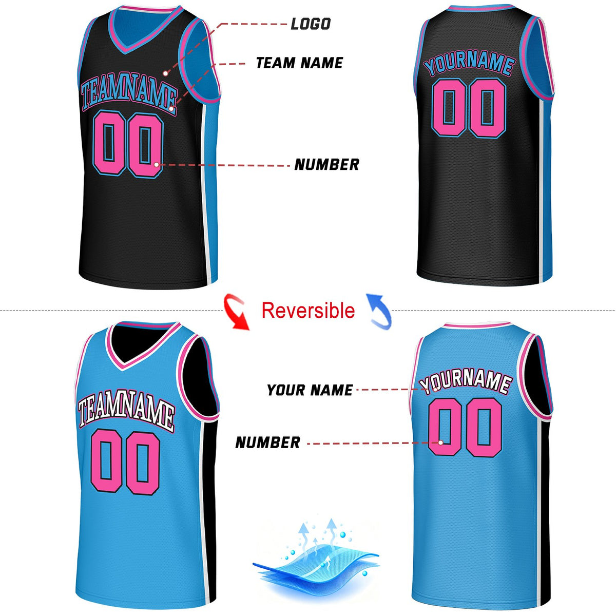 Custom Black & Cyan Reversible Basketball Jersey | Personalized Team Jerseys with Name Number Logo