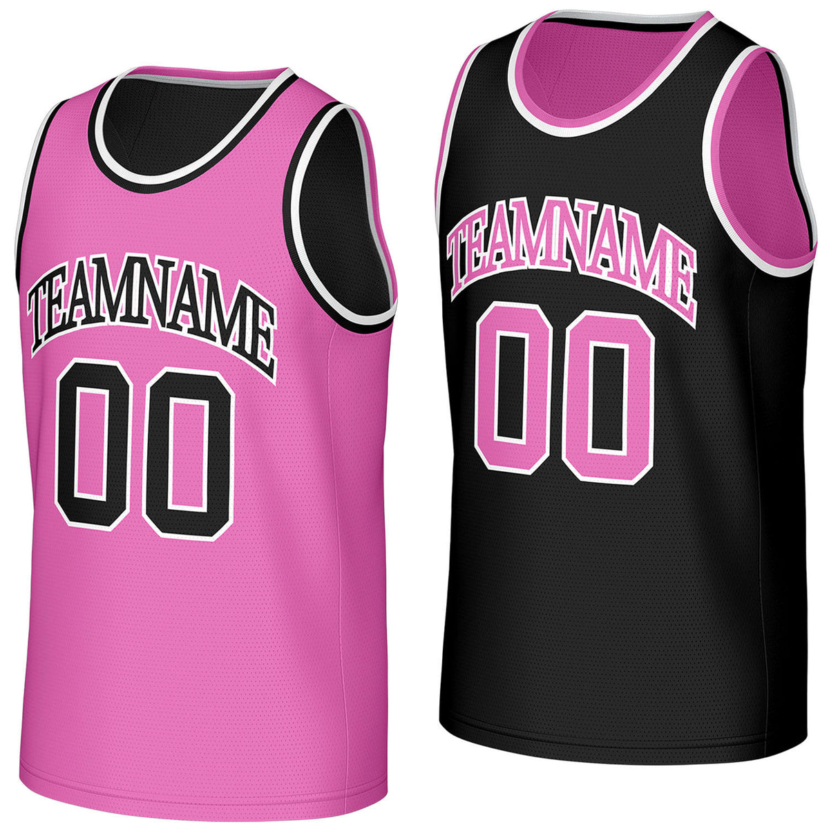 custom two sided basketball jerseys pink black reversible by Vosoli, personalized team name, number & logo, breathable mesh dual sided basketball jersey for team games