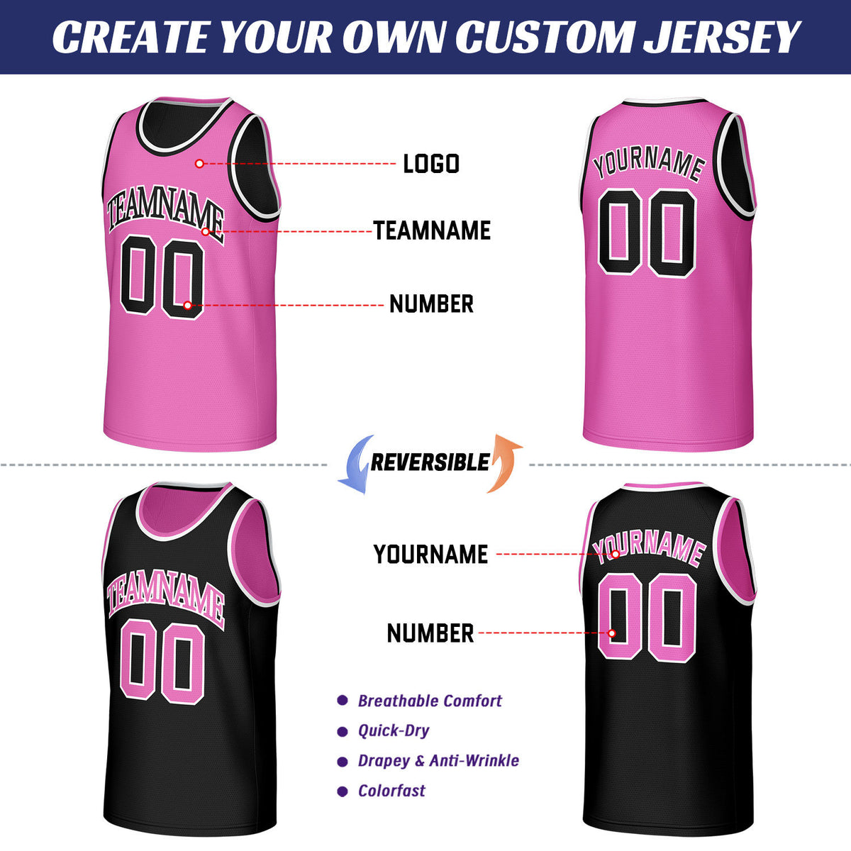 Custom Pink & Black Reversible Basketball Jersey | Personalized Sleeveless Mesh Jersey for Adult Youth
