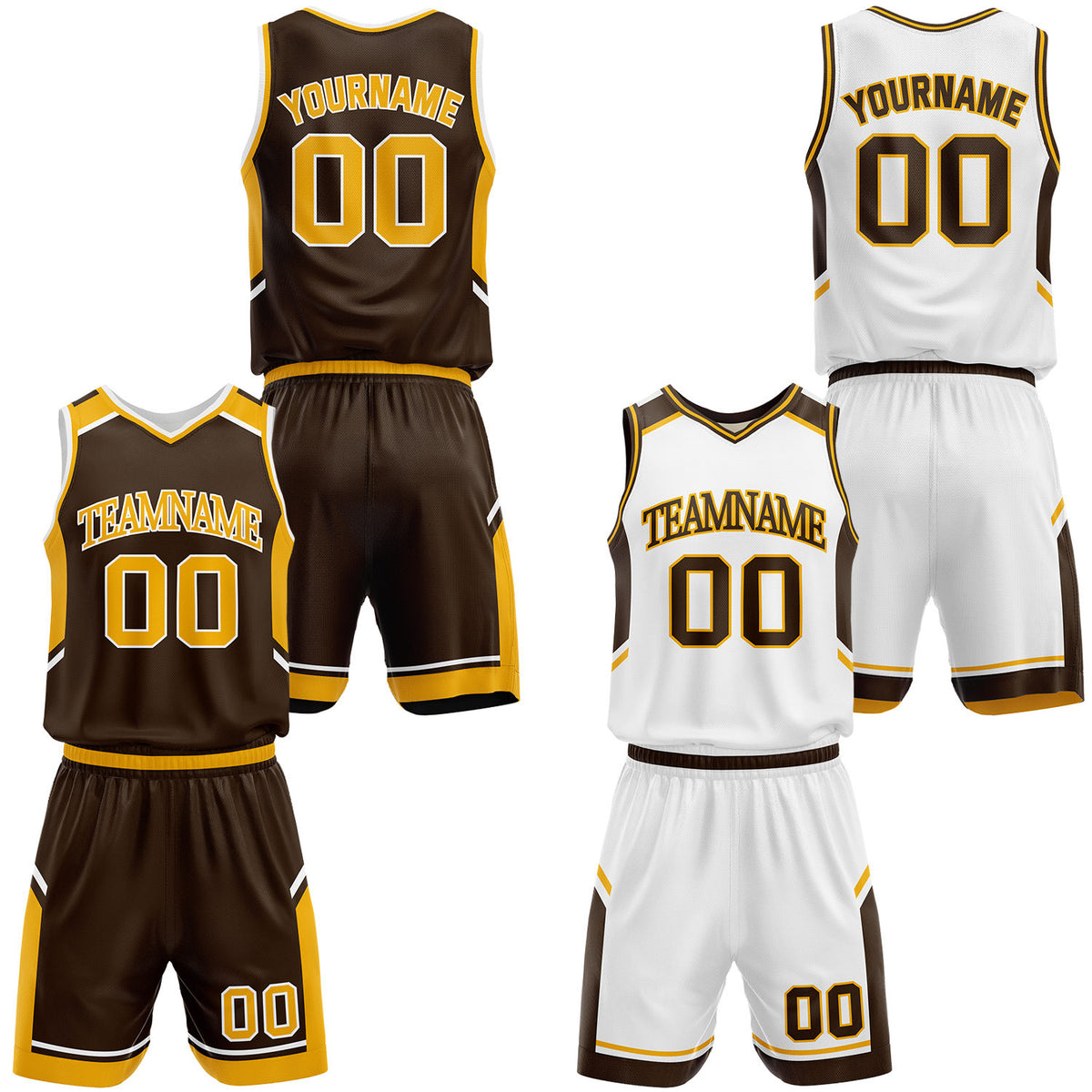 Custom two sided brown and white basketball uniforms set, personalized team name, player number and logo, breathable moisture wicking mesh for youth and adult games.