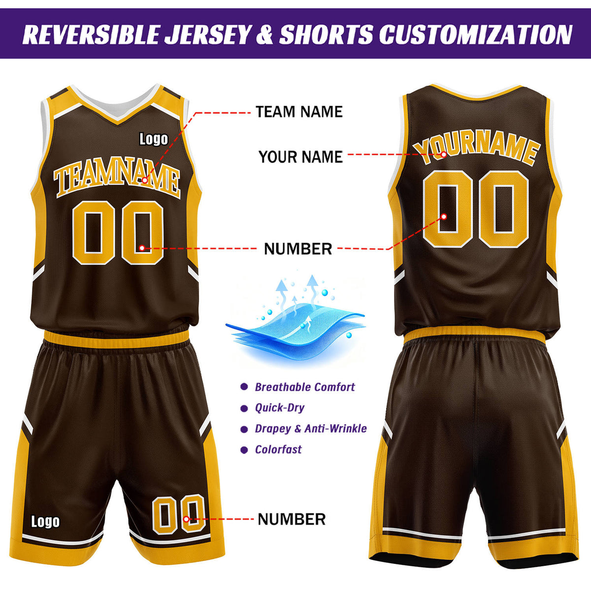 Custom Two Sided Basketball Uniform Set | Brown & White V-Neck Sleeveless Jersey & Athletic Shorts