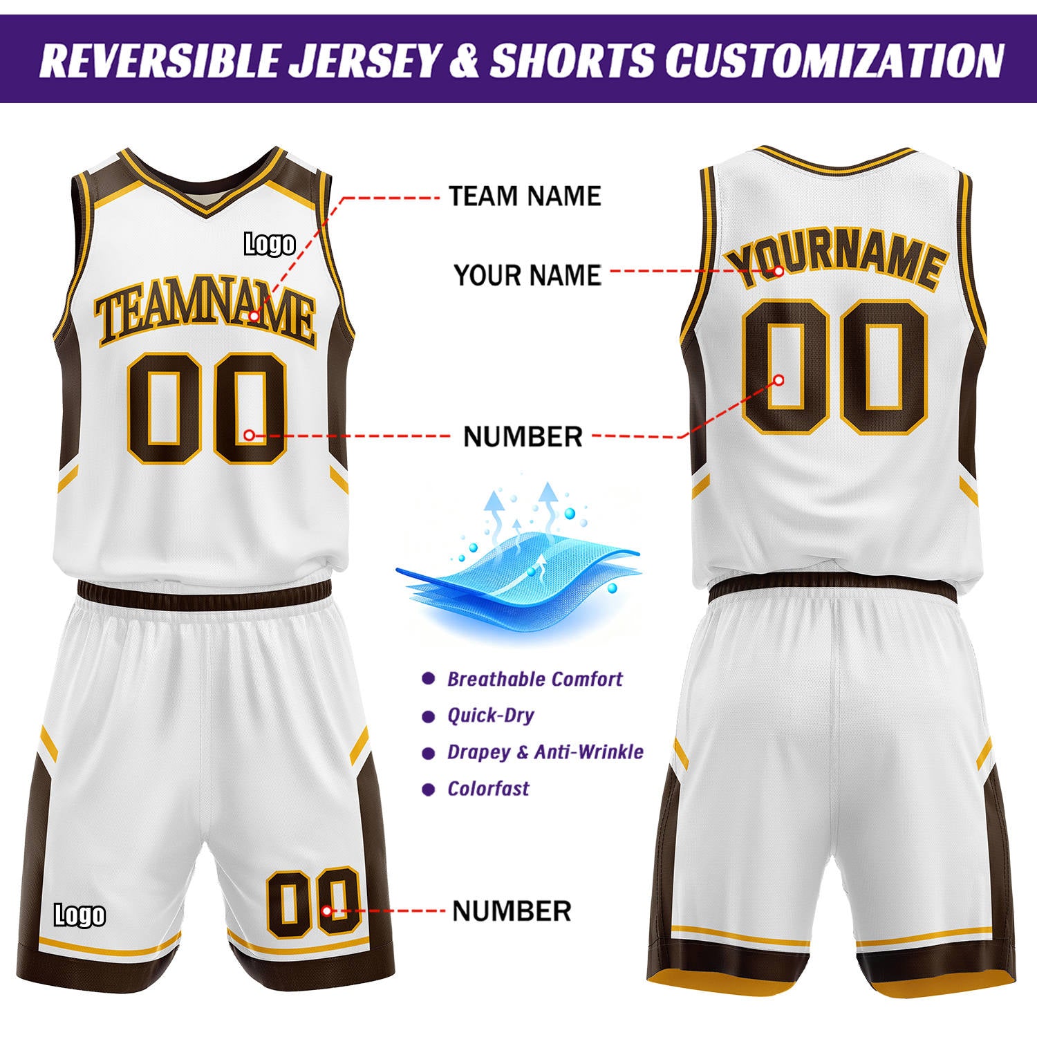 Custom Two Sided Basketball Uniform Set | Brown & White V-Neck Sleeveless Jersey & Athletic Shorts
