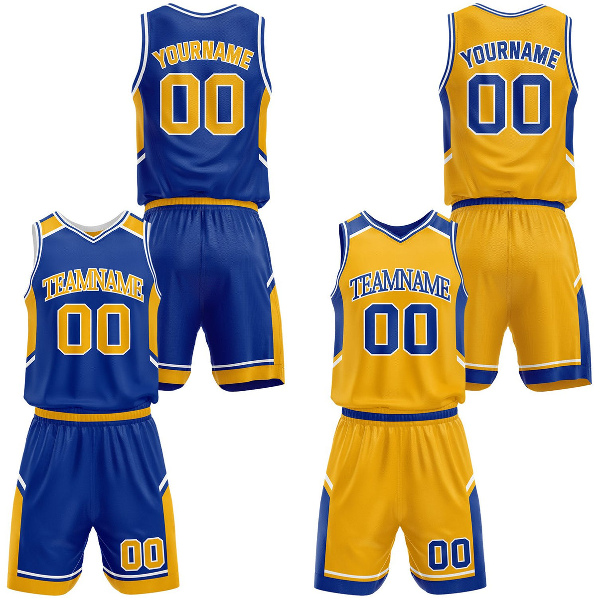 Custom two sided royal blue and gold basketball uniforms set, personalized team name, player number and logo, breathable moisture wicking mesh for youth and adult games.