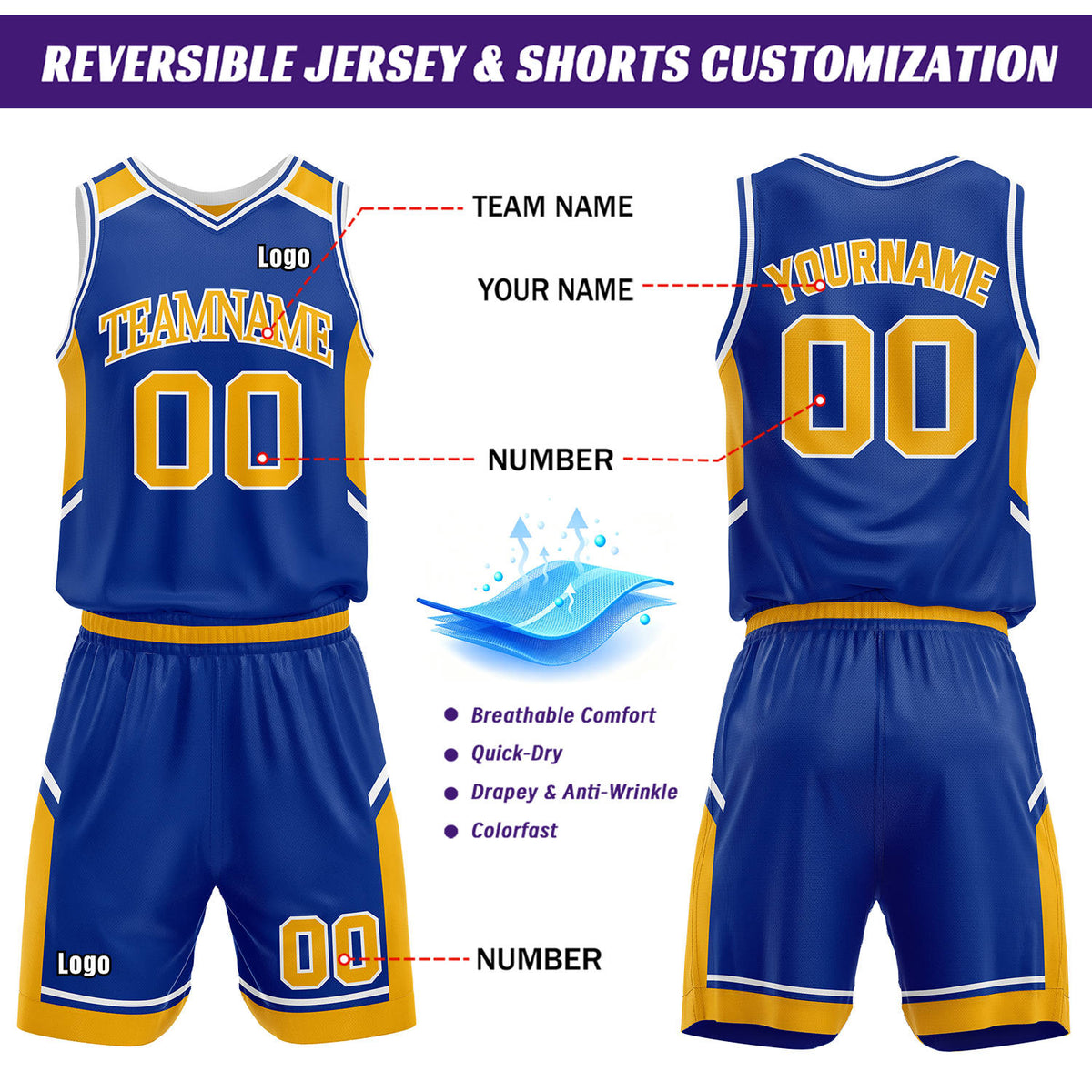 Custom Two Sided Basketball Uniform Set | Royal Blue & Gold V-Neck Sleeveless Jersey & Athletic Shorts