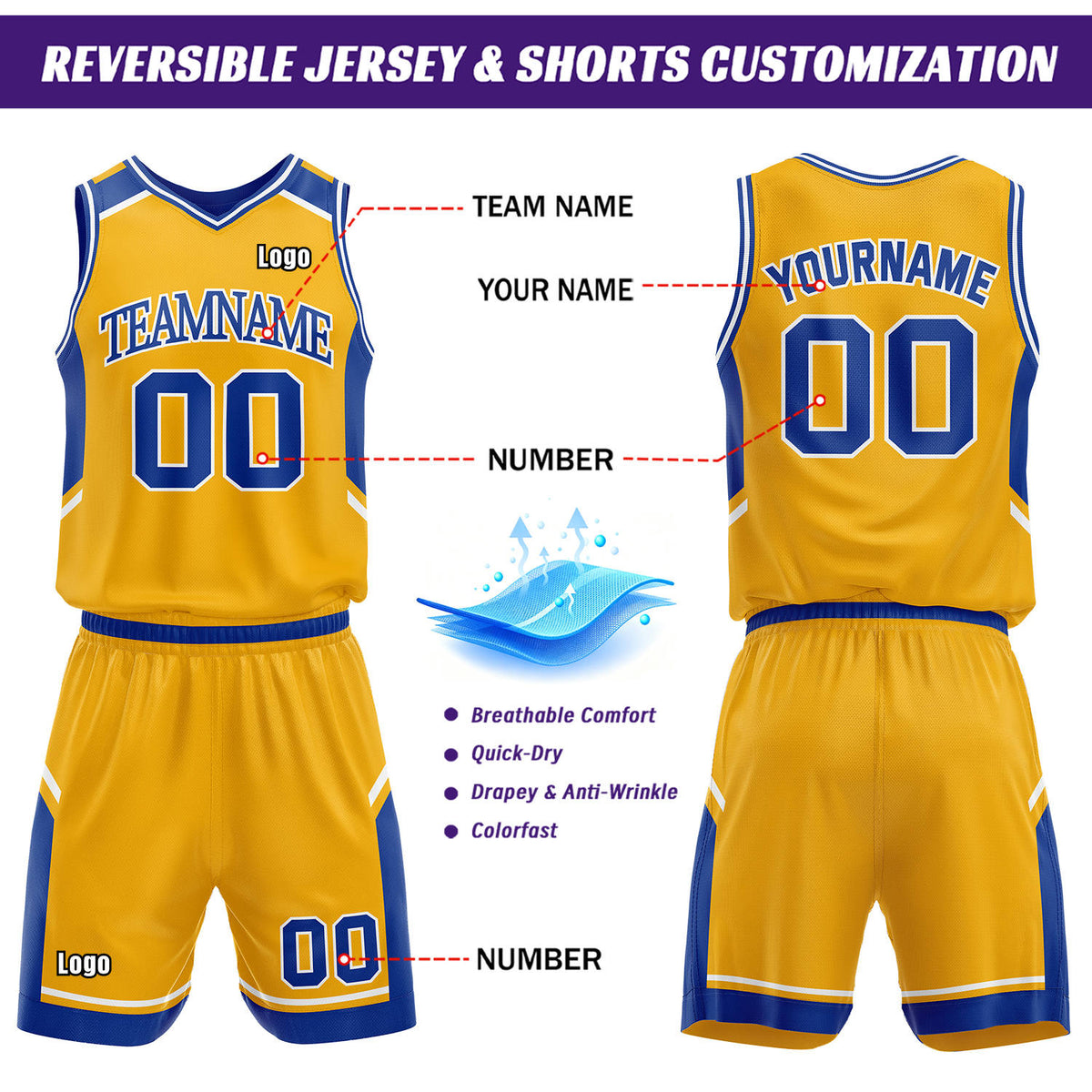 Custom Two Sided Basketball Uniform Set | Royal Blue & Gold V-Neck Sleeveless Jersey & Athletic Shorts