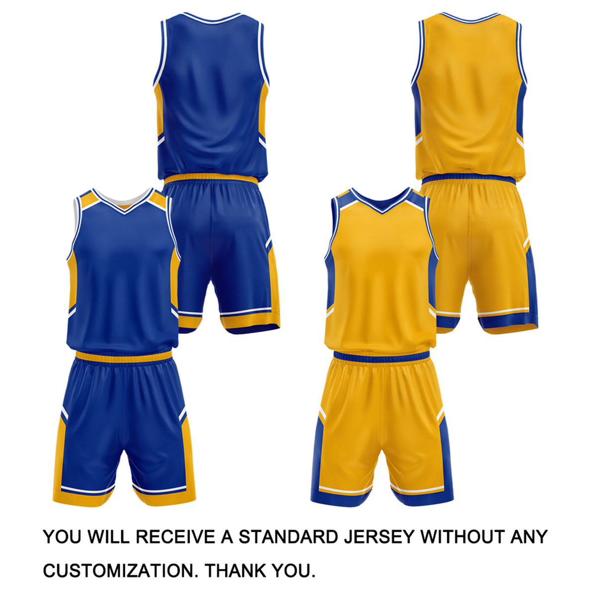 Custom Two Sided Basketball Uniform Set | Royal Blue & Gold V-Neck Sleeveless Jersey & Athletic Shorts
