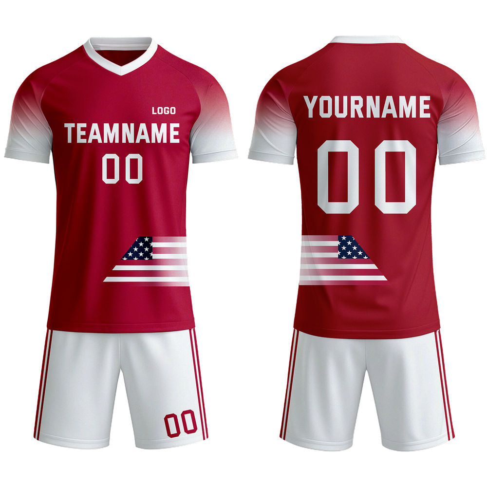 Custom USA Flag Soccer Jersey - Personalized Red &amp; White Gradient Team Uniform Kit
