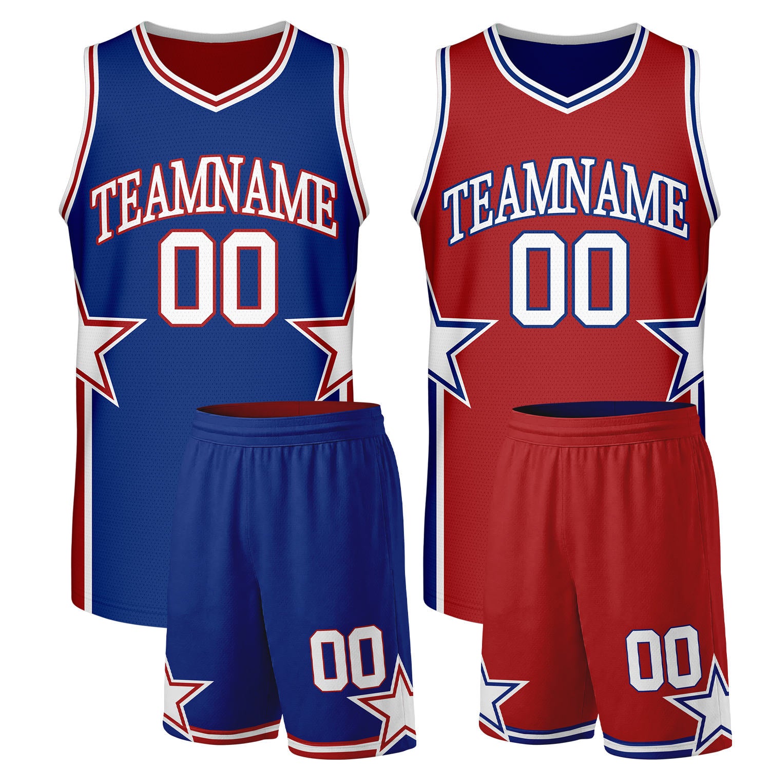 custom v-neck basketball uniforms royal blue red reversible by Vosoli. Personalized team name, player number & logo. Breathable mesh. Fast delivery.