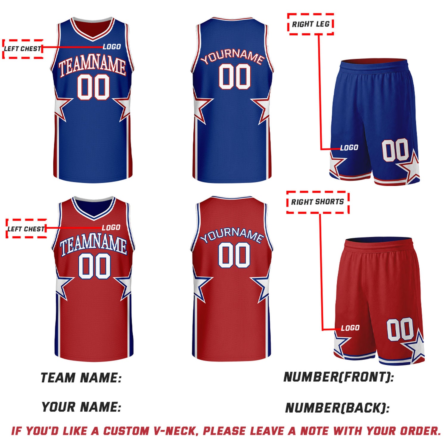 Custom Royal Blue & Red Star Graphic Reversible Basketball Uniform Set | Breathable Mesh Jersey & Shorts for Team Sports