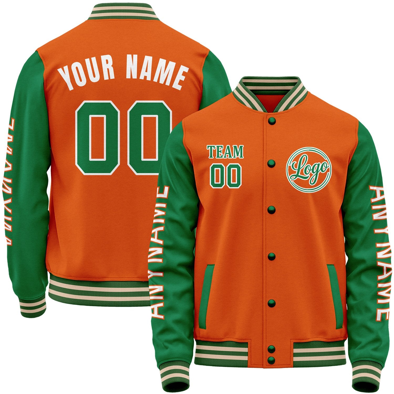 Custom varsity baseball jacket high school, orange and green varsity bomber jacket, personalized stitched or sublimated name, number, sleeve text and custom team logo.