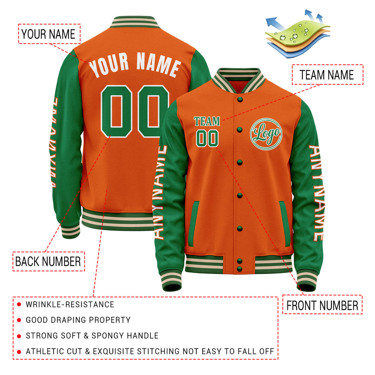 Custom Orange & Green Color Block Varsity Jacket | Personalized Letterman Bomber with Sleeve Text & Logo